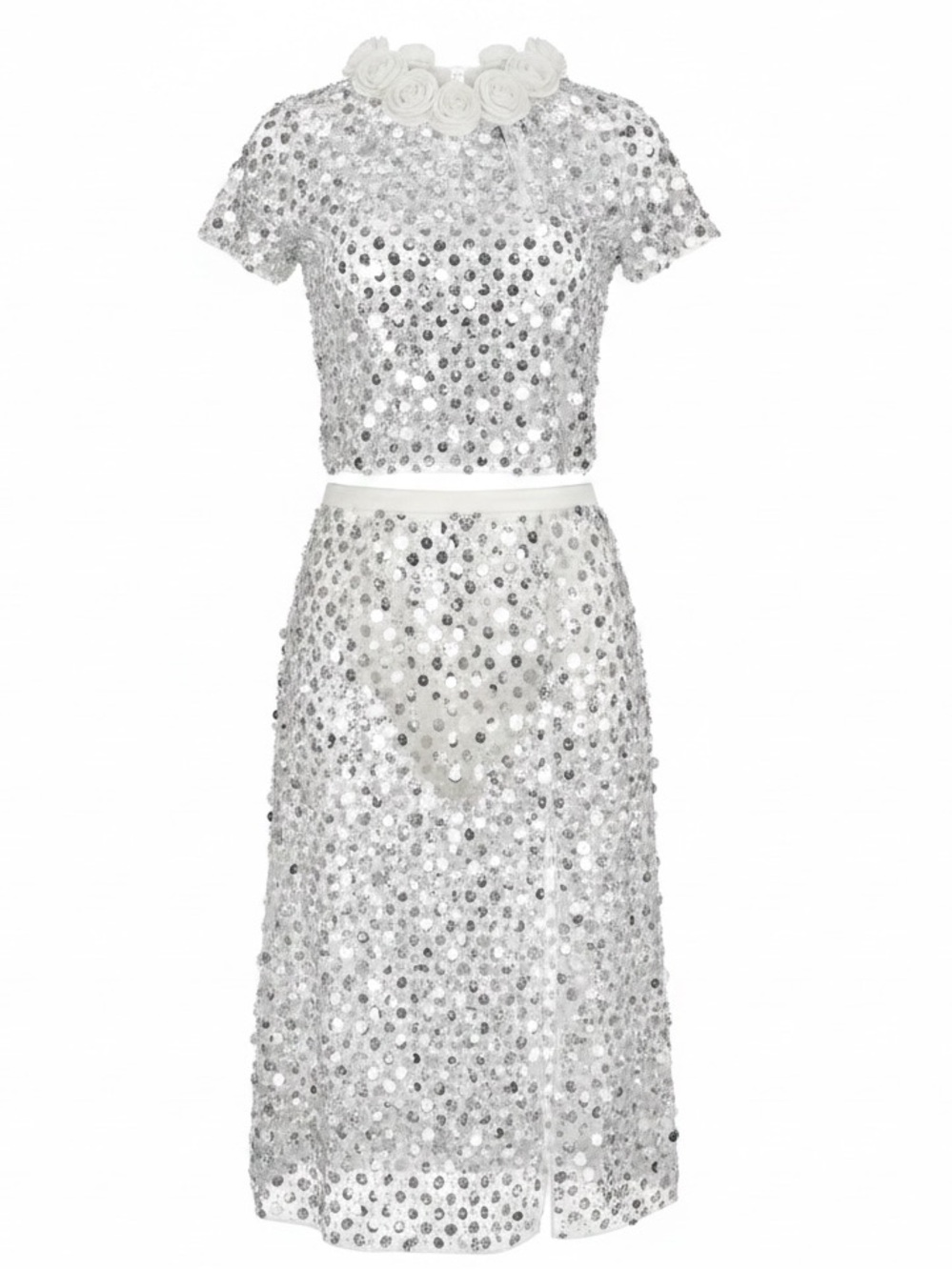 For Love & Lemons Sz S Set Cream Sheer Silver Sequin Two-Piece Midi Skirt Top。